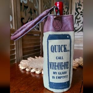 Wine Bottle Carrier Holder Mona B canvas and leather "Call Wine-One-One"